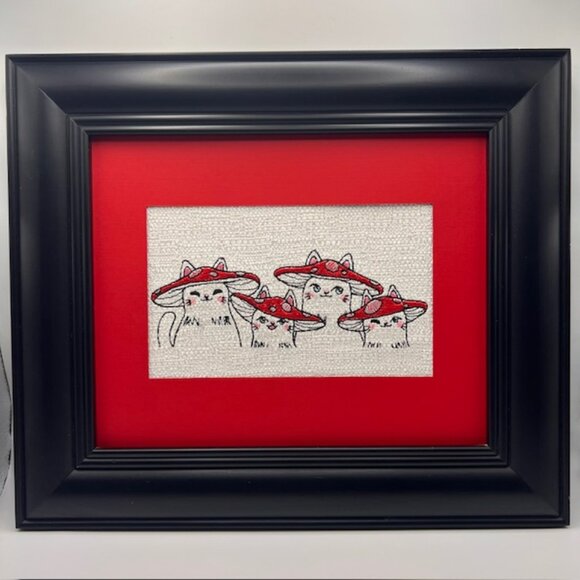 Simply Quilted Other - Homemade Black & Red Mushroom Cat Framed Embroidery Art